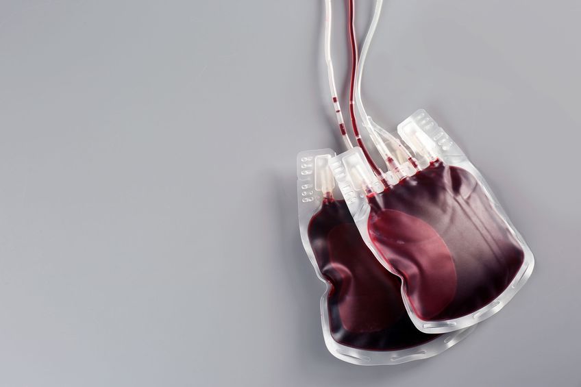 Blood packs on gray background, top view with space for text. Donation day